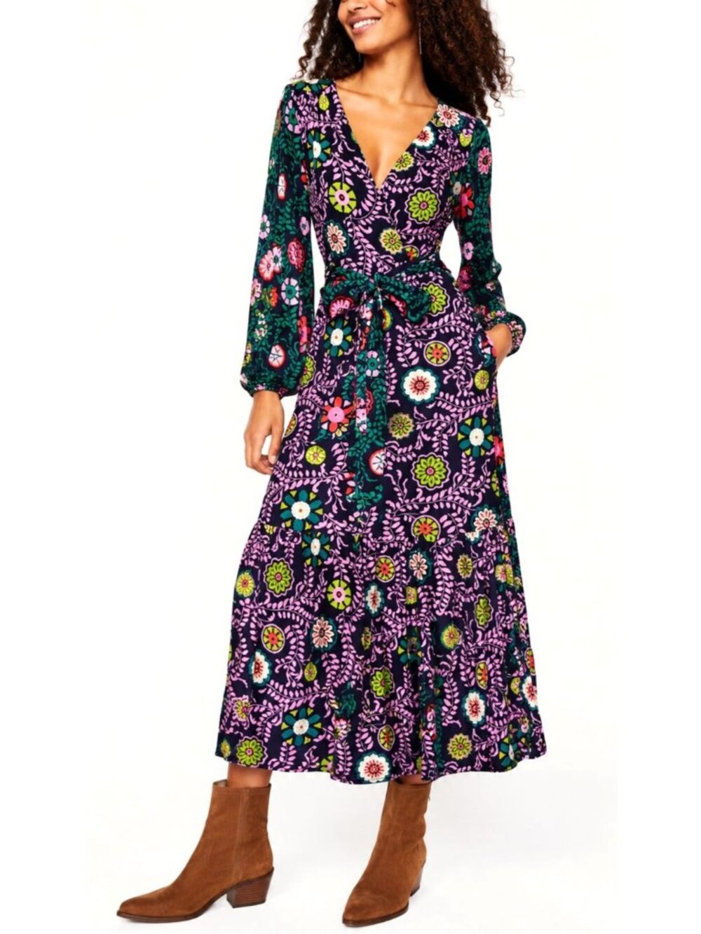 Boden Ophelia Jersey Wrap Dress Floral Meadow Pine Boho Midi